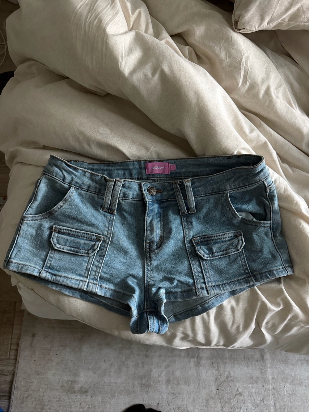 Edikted Light Blue Denim Cargo Pocket Shorts